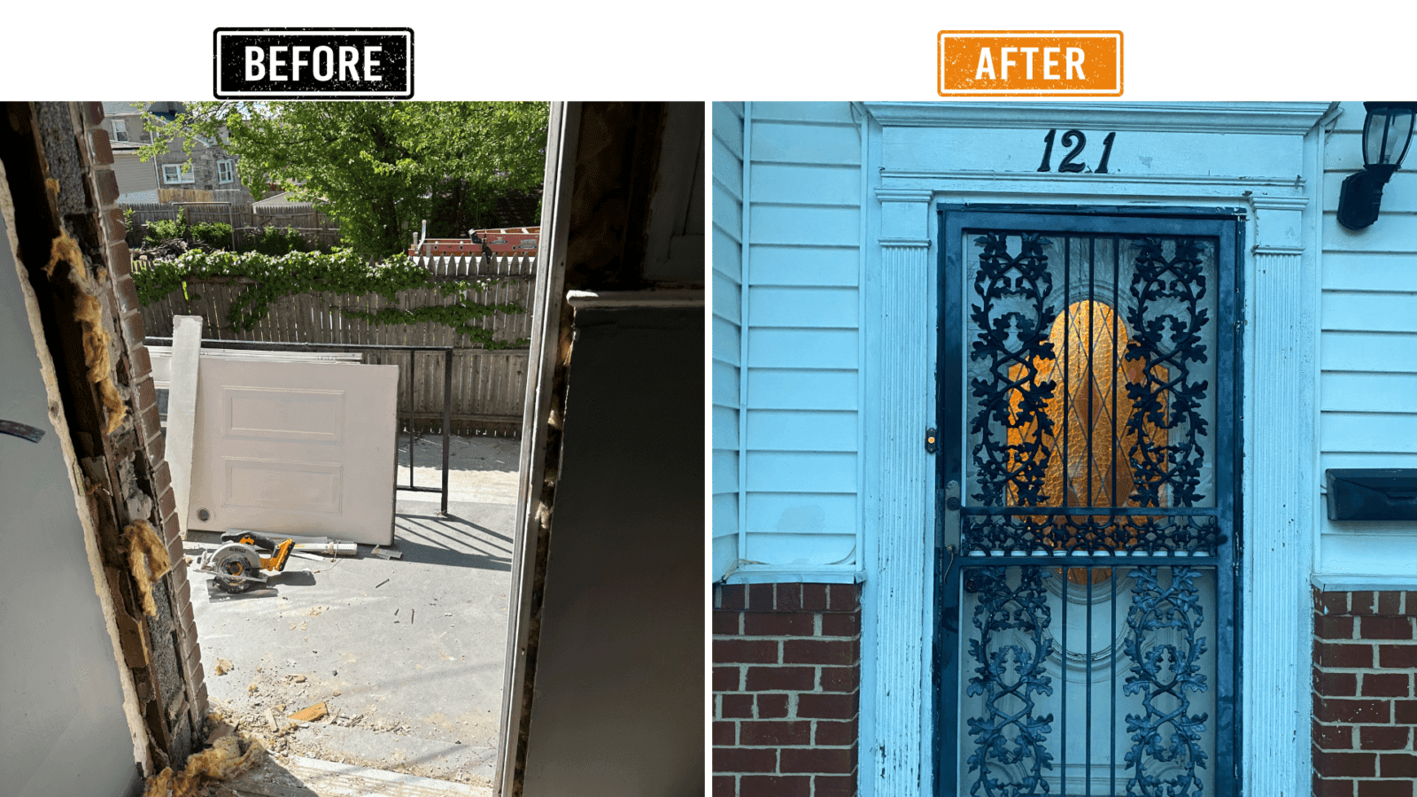 Before and after door upgrade showing improved fit, finish, and hardware alignment