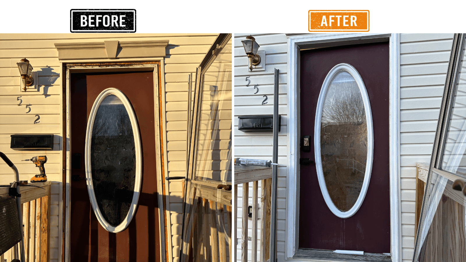 Before and after entry transformation with updated door and cleaner trim detailing