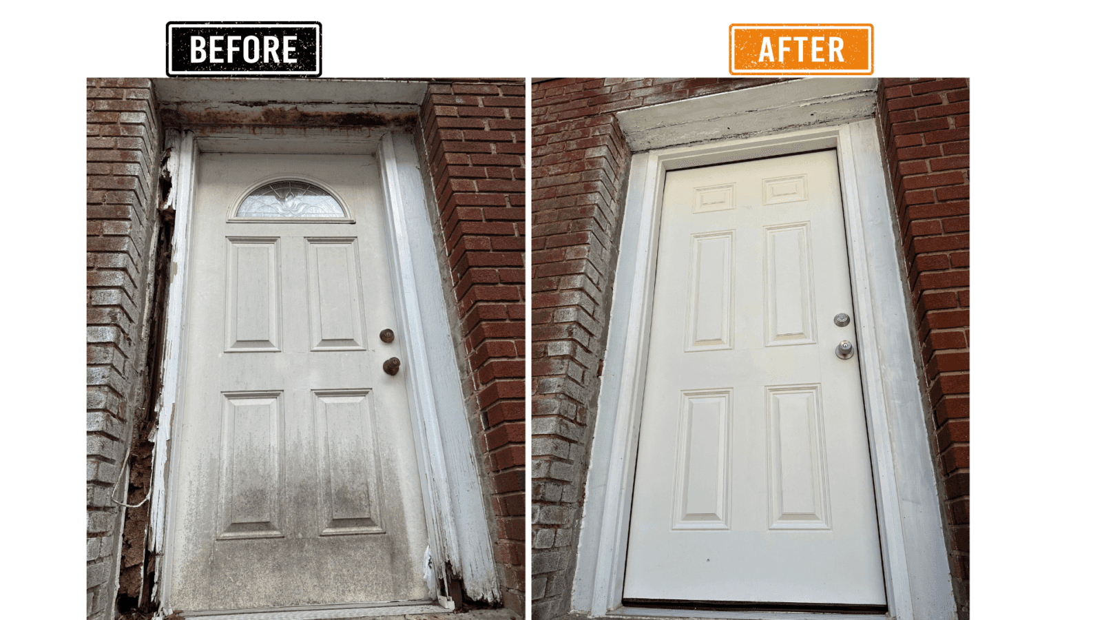 Before and after door replacement with improved threshold and frame condition