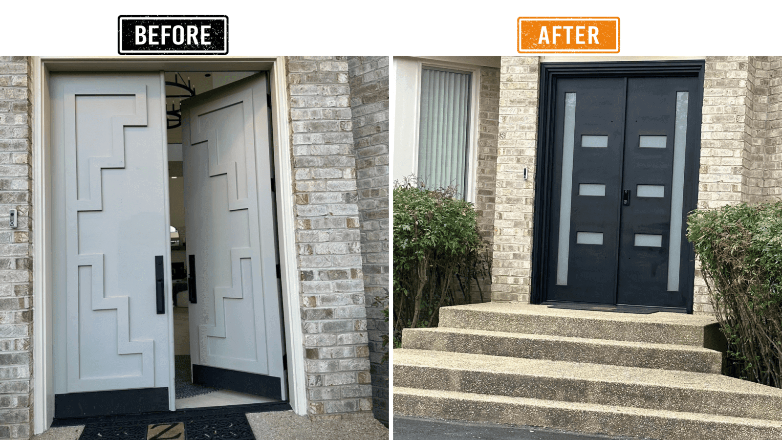 Before and after project showing refined finish quality and upgraded entry hardware